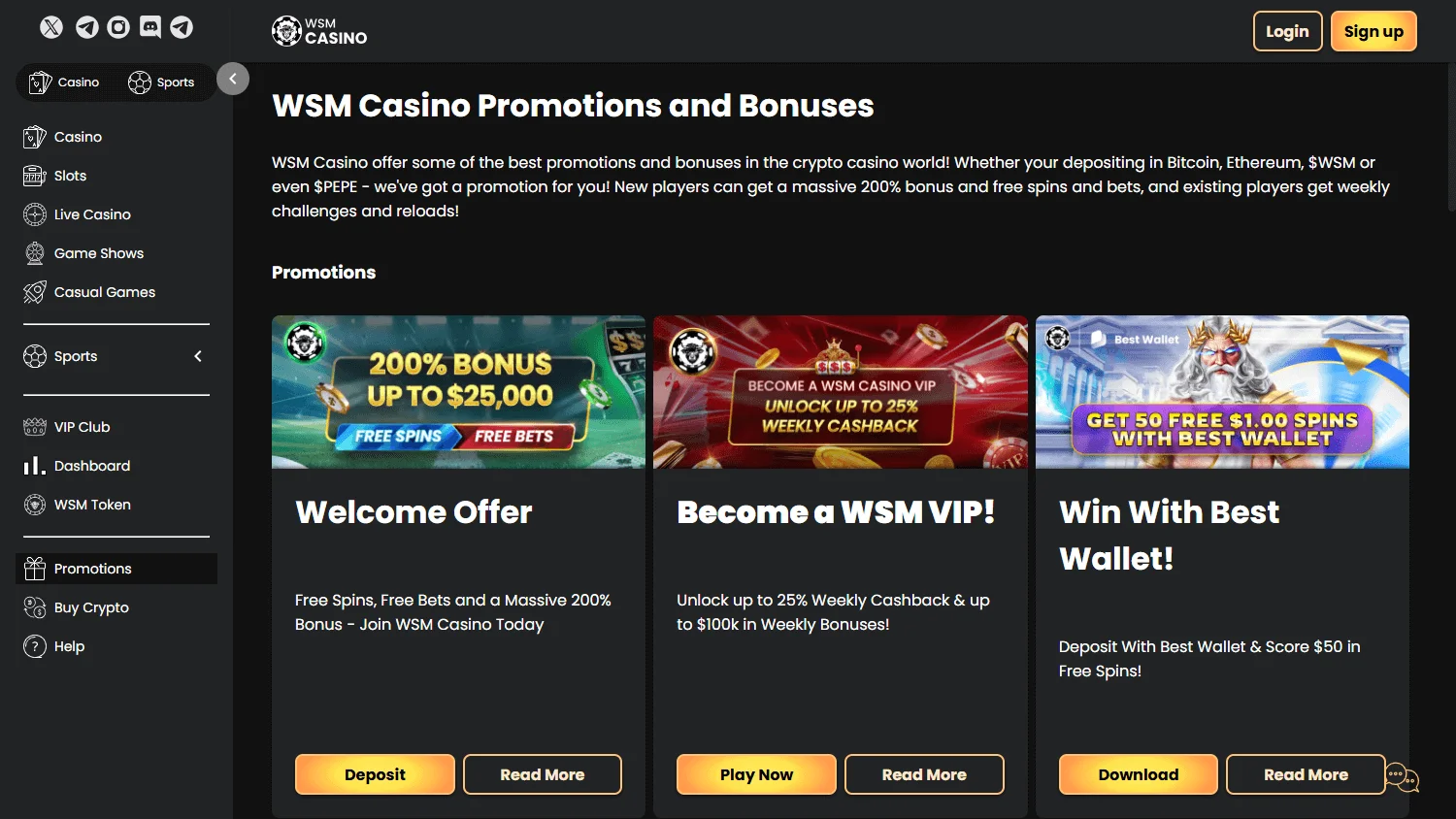 WSM Casino promotions interface on desktop