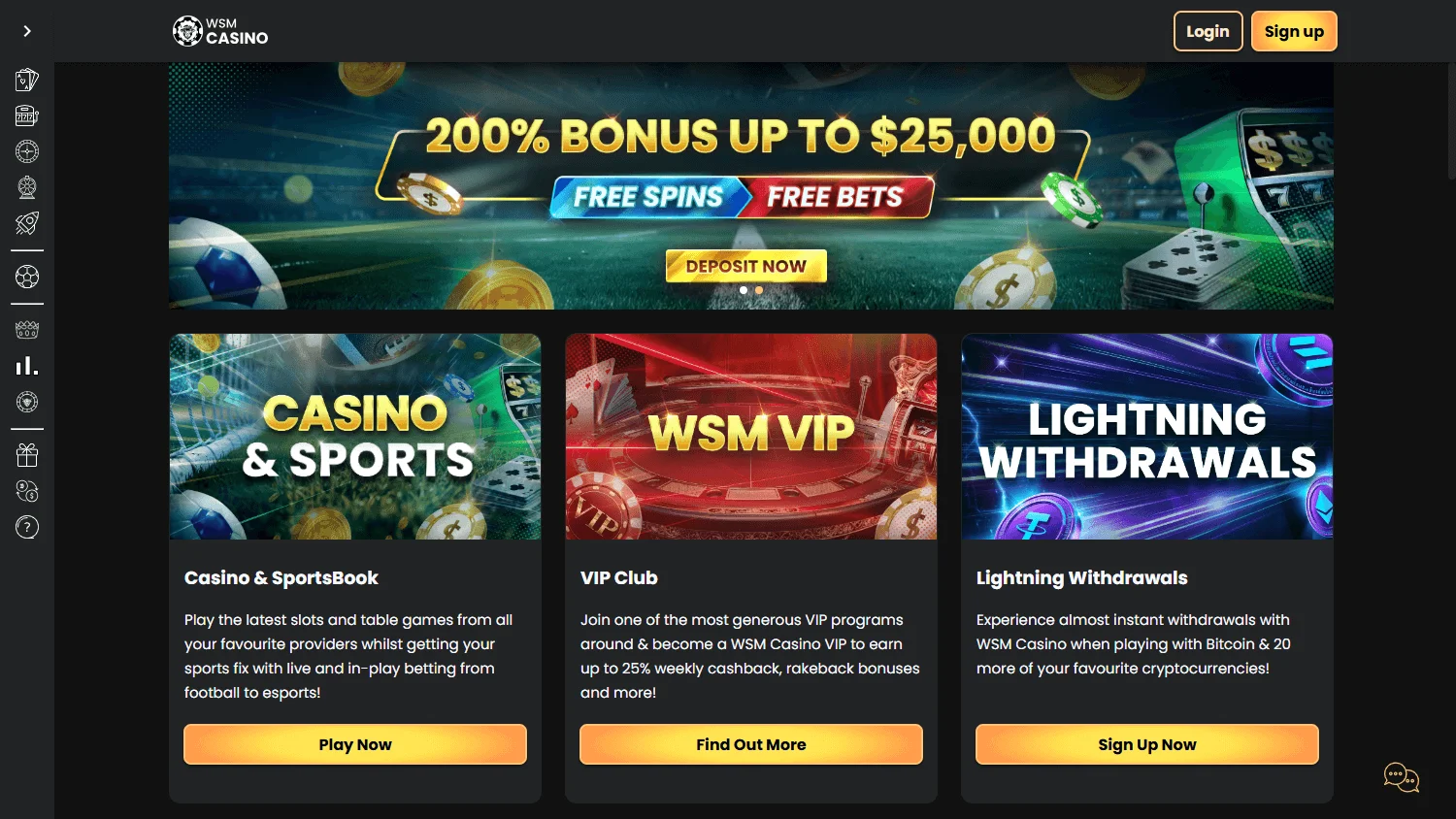 WSM Casino home interface on desktop
