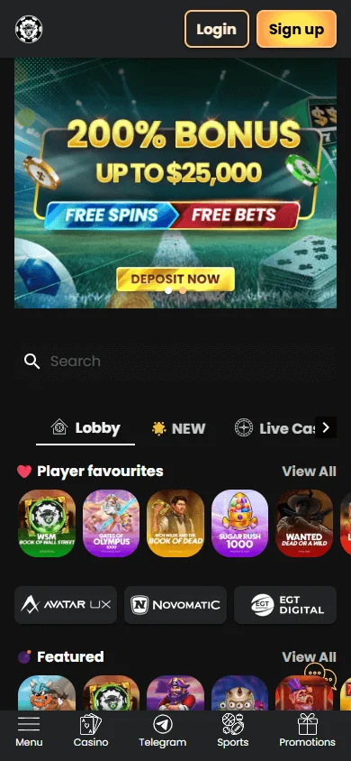 WSM Casino games interface on a mobile device