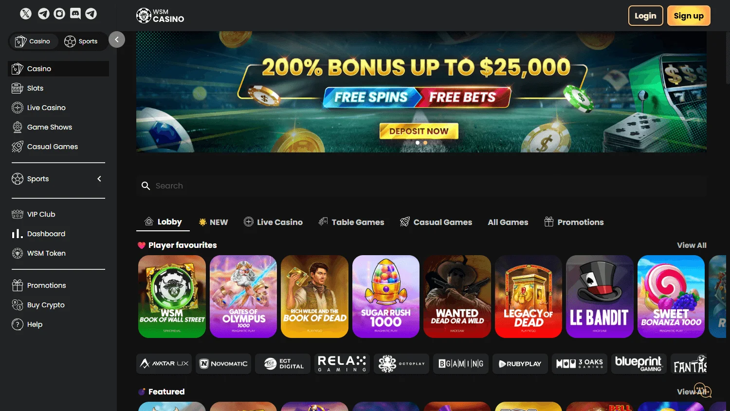 WSM Casino games interface on desktop